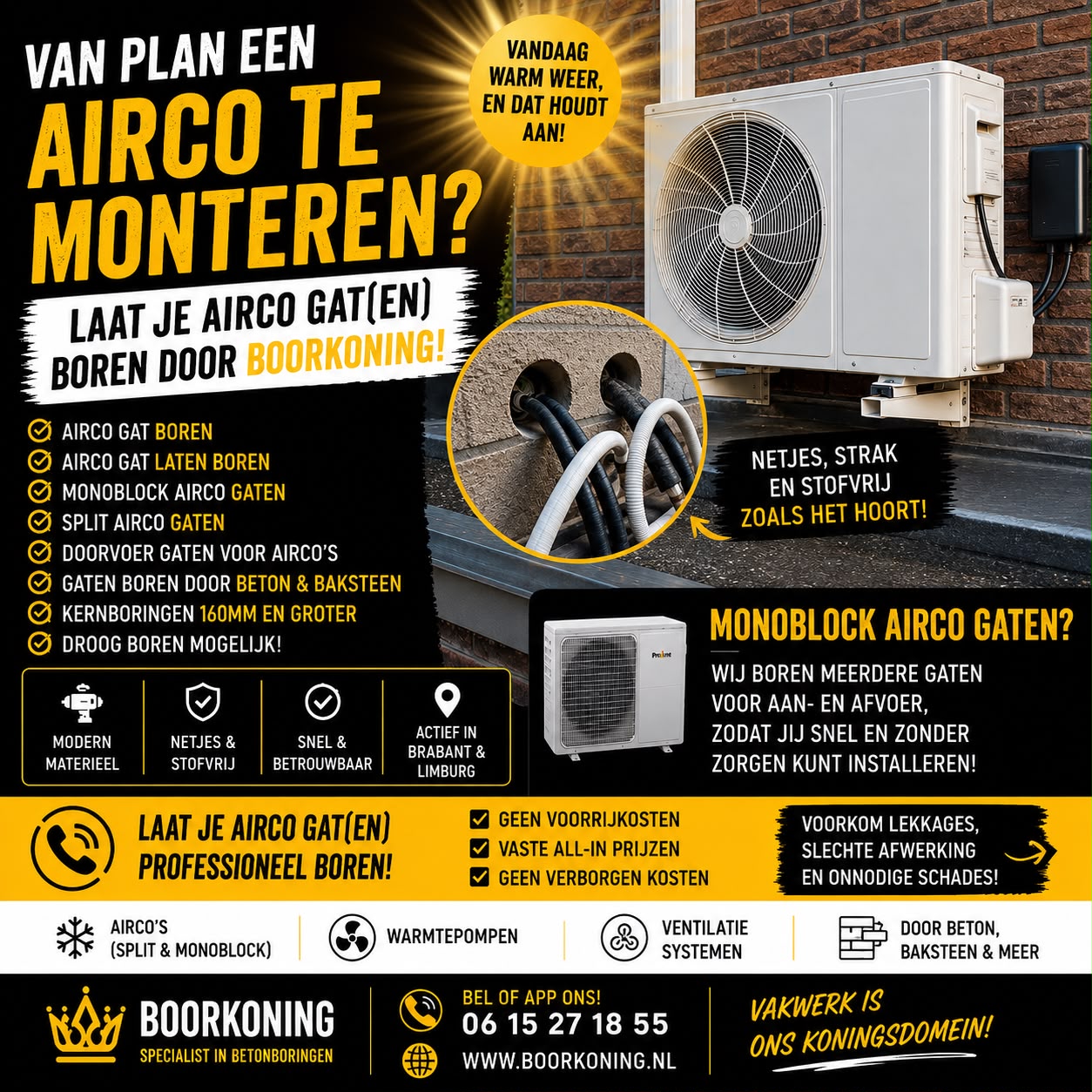 Airco gat boren — split airco en monoblock doorvoer buitenmuur professioneel geboord door Boorkoning