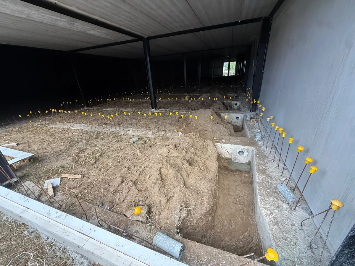 Binnen in de hal: sleuven langs de funderingsbalken, met de hand vrijgegraven, met de geboorde gaten in de balken
