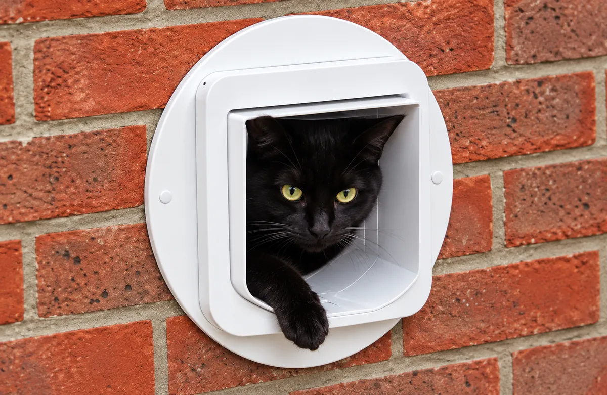 Zwarte kat kijkt door een wit kattenluik met ronde montagering in een bakstenen muur