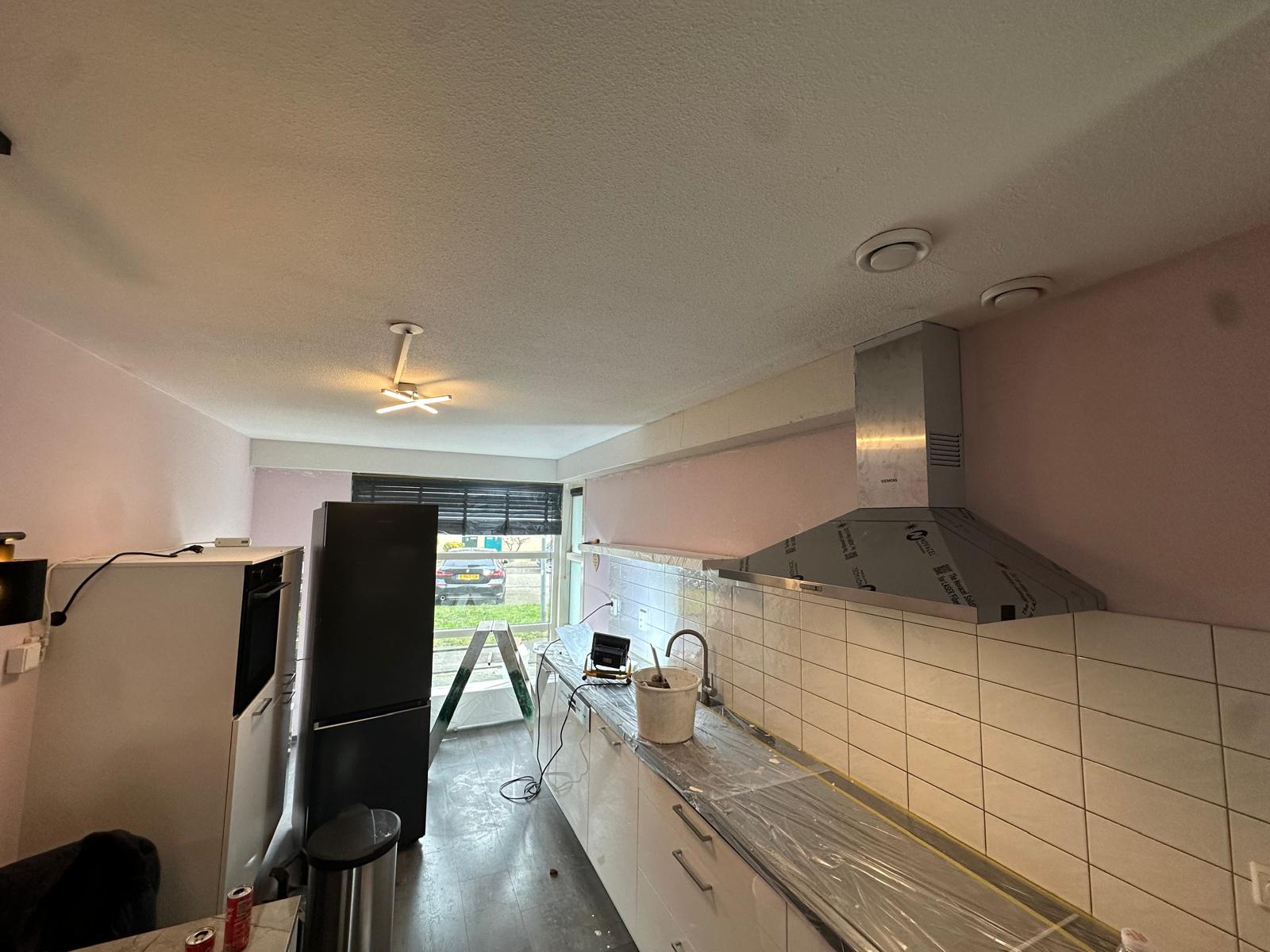 RVS afzuigkap roze keuken renovatie koof geplaatst