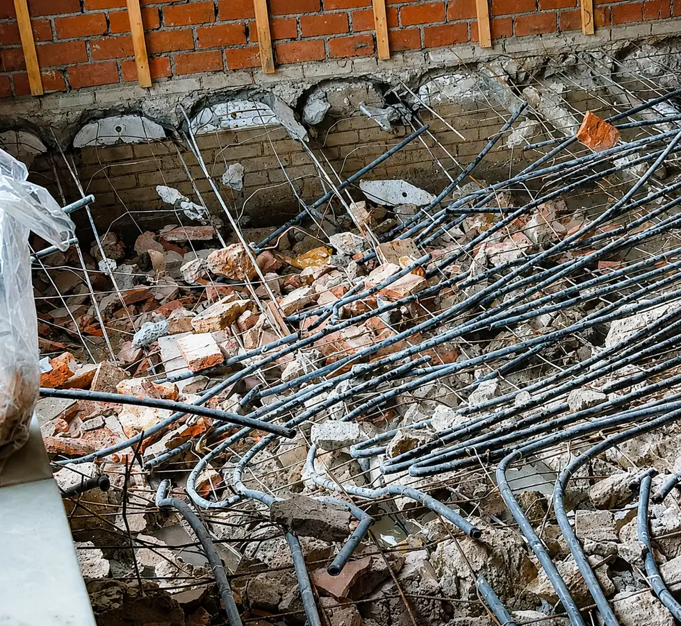 Gesloopte kwaaitaalvloer in de kruipruimte met zichtbare boog-uitsparingen, puin en wapening