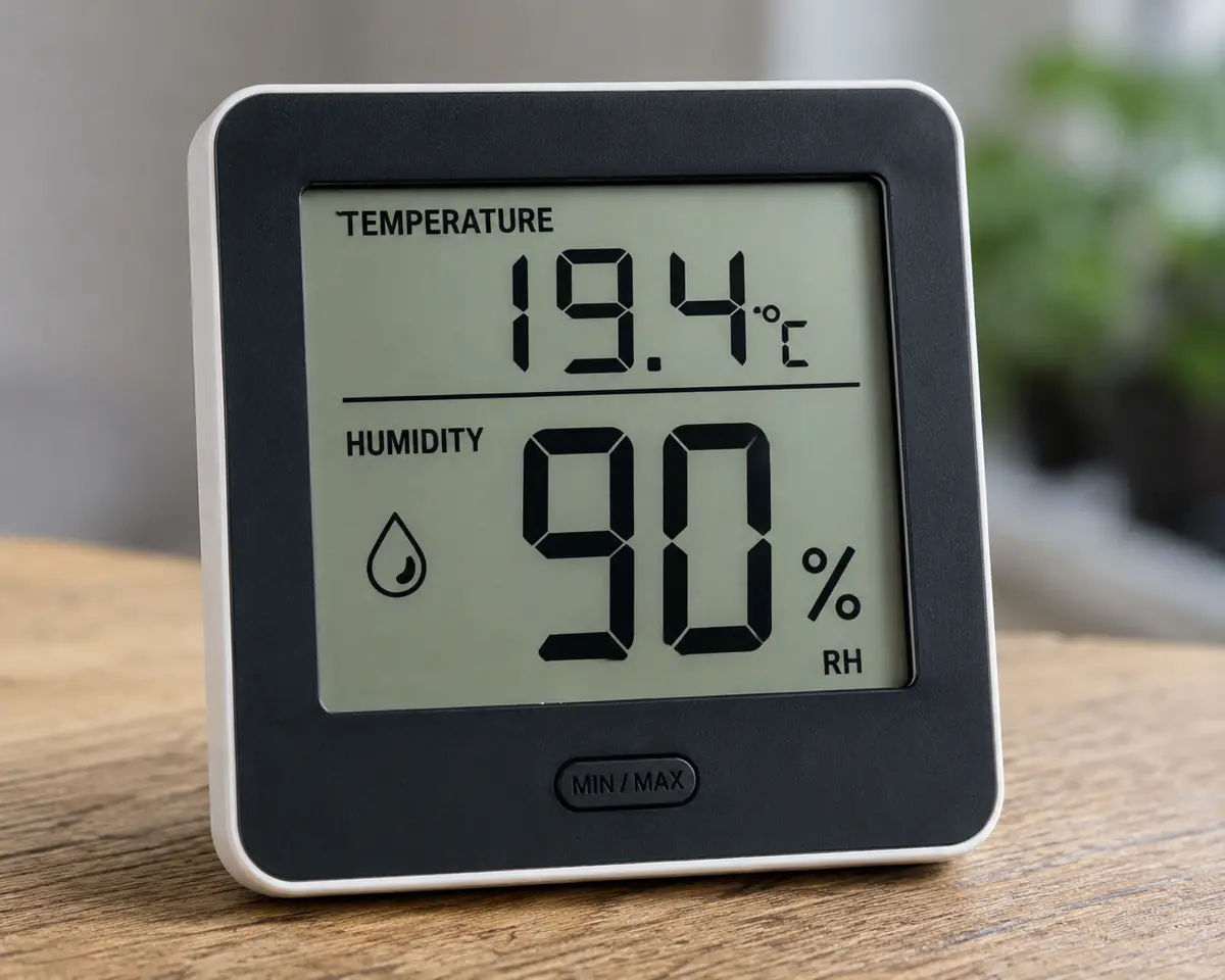 Hygrometer die 90% luchtvochtigheid in huis aangeeft, veel te hoog