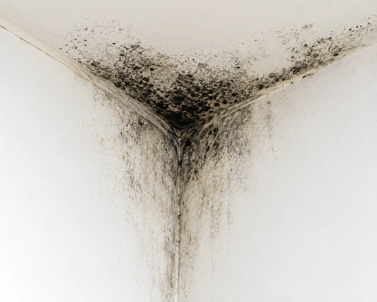 Zwarte schimmel op de muur in een hoek door vocht en te weinig ventilatie