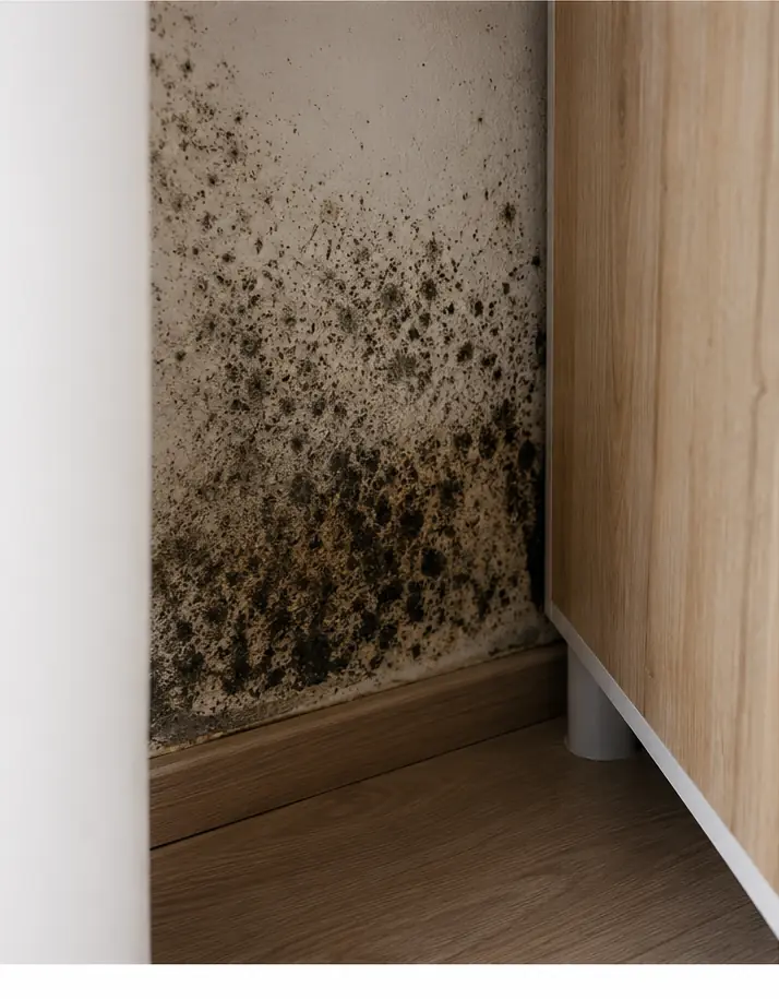 Zwarte schimmel op de muur achter een kast, waar koude lucht stilstaat en vocht neerslaat