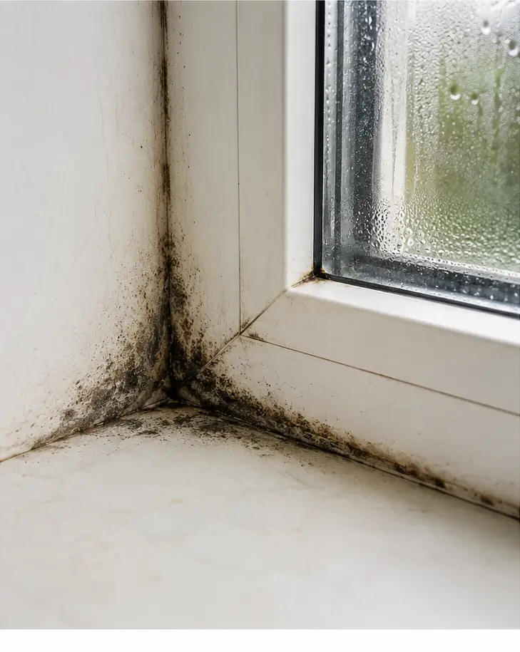 Zwarte schimmel bij de kitnaden van het raamkozijn door condens en te weinig ventilatie